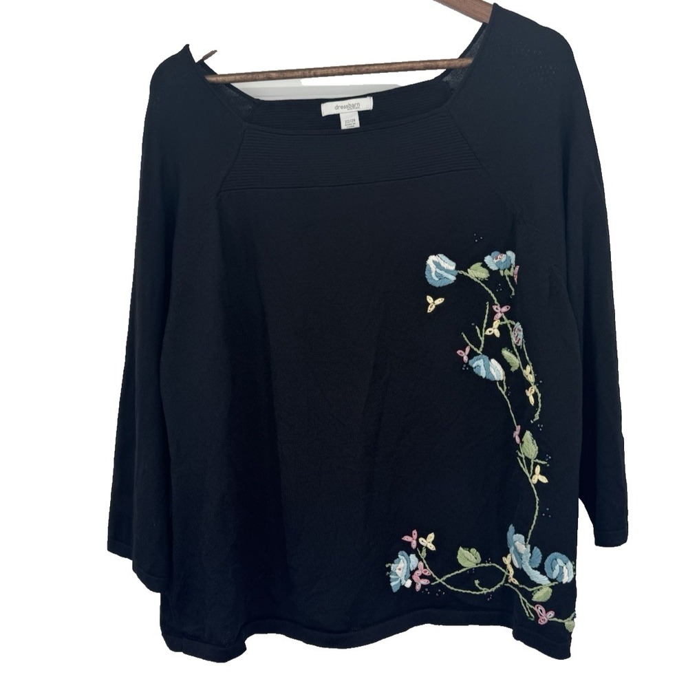 Black Plus Pull Over stretch Sweater Embroidered Flowers 22/24 fairycore cottage